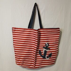 Nautical Beach Bag Canvas Tote Striped Anchor Red Polyester Lining Zipper